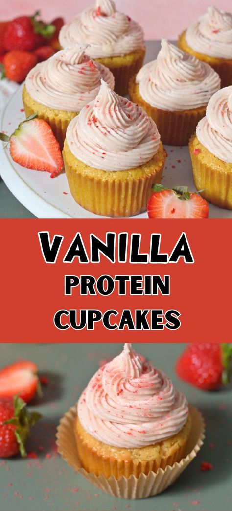 Indulge in the ultimate treat with our Vanilla Protein Cupcakes! Infused with warm vanilla and crafted from simple ingredients, these cupcakes redefine deliciousness. Featuring a fluffy texture, luscious strawberry filling, and creamy buttercream frosting, they burst with flavor while remaining remarkably easy to make. Loved by all who've tried them, these cupcakes are a guaranteed hit—don't be surprised if you're asked for the recipe after sharing them with friends and family! Cupcakes With Pudding Mix Vanilla, High Protein Cupcakes, Healthy Vanilla Cupcakes, Cupcakes With Strawberry Frosting, Chocolate Strawberry Cupcakes, Protein Cupcakes, Protein Packed Smoothies, The Best Cupcakes, Family Breakfast Recipes