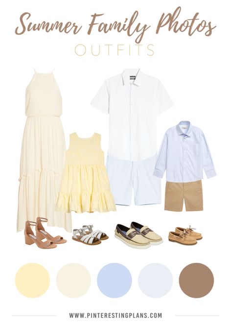 family outfit ideas for summer photos - pastel yellow and blue color scheme Family Photos Summer Color Schemes, Yellow Color Scheme Family Pictures, Family Picture Outfits Yellow, Yellow Family Pictures, Light Blue And Yellow Family Photo Outfits, What To Wear To Photoshoot, Family Photos With Yellow, Family Photo Pastel Outfits, Blue And Yellow Family Photo Outfits