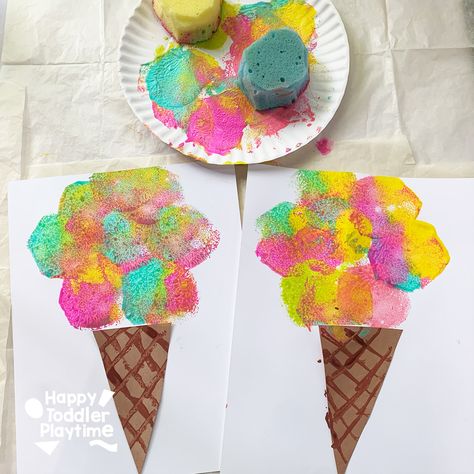 Ice Cream Sponge Painting, Melted Ice Cream Craft, I’ve Cream Craft, Sweet Treat Crafts For Toddlers, Icecream Crafts For Kids Summer, Picnic Art For Toddlers, Icecream Crafts Toddlers, Ice Cream Art For Toddlers, Summer Season Activities For Preschool