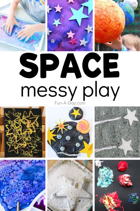 Space messy play ideas perfect for preschool and kindergarten kids. Science, art, AND sensory play, all with a messy space theme! Space Theme Sensory Play, Space Themed Activities For Babies, Space Activities For Toddlers Play Ideas, Space Messy Play Ideas, Messy Play Themes, Toddler Space Activities, Space Activities For Kids Preschool, Space Toddler Activities, Space Eyfs Activities