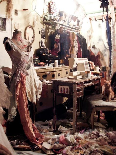 Modiste Aesthetic, Messy Sewing Room, Fashion Designer Aesthetic Room, Dressmaker Aesthetic, Scrap Aesthetic, Fashion Room Aesthetic, Gibbous Fashion, Fashion Workspace, Fashion Design Room