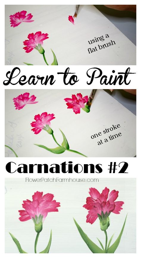 Learn how to Paint Carnations 2,  Paint carnations one stroke at a time, using a flat brush. Easy and fun, FlowerPatchFarmhouse.com Painting Flowers Acrylic Step By Step, How To Paint Carnations, Carnations Painting, Carnation Painting, Paint Carnations, Painted Carnations, Carnation Painting Acrylic, Carnation Flower Watercolor Painting, Hur Man Ritar Blommor