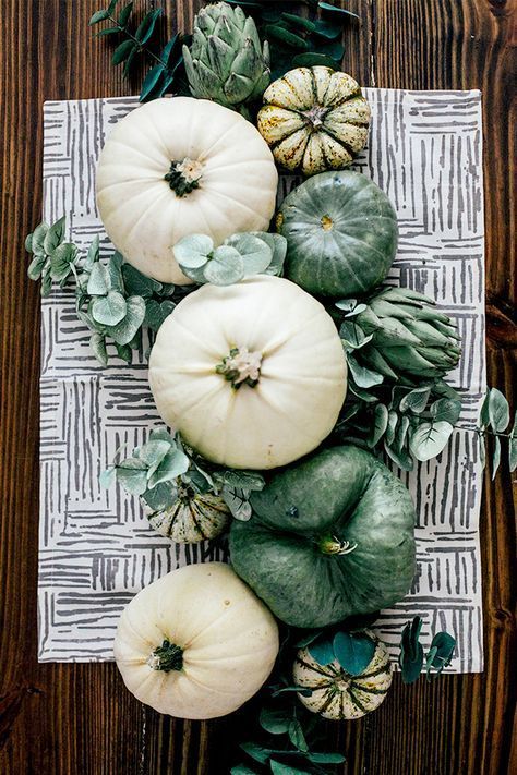 Sage and White Autumn Tablescape | In Honor Of Design Fall Decor Green And White, Sage And Cream Fall Decor, Green And White Fall Decor, Green And Cream Fall Decor, Fall Green Decor, White Pumpkin Tablescape, Sage Fall Decor, Sage Green Fall Decor, Green Pumpkin Decor