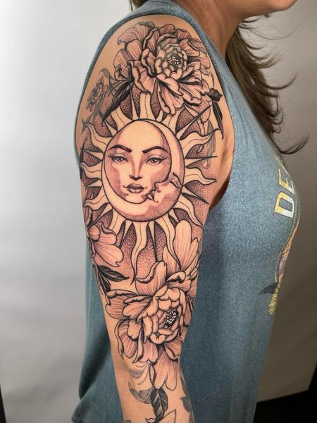 Sun And Moon Tattoo Sleeve Design, Sun And Moon Tattoo Arm Sleeve, Sun And Moon Sunflower Tattoo, Sun Moon Half Sleeve Tattoo, Sun And Moon Arm Sleeve, Sun Moon Sleeve Tattoo, Tattoo Sleeve Placement, Moon Sleeve Tattoos For Women, Sun Sleeve Tattoo