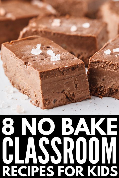 8 No Bake Classroom Recipes for Kids | Looking for cooking activities for kids that can be enjoyed in a classroom setting? Whether you’re trying to compliment specific lesson plans with things like baking soda and food coloring, need Halloween treats or Valentine’s Day ideas to enjoy together, or want to teach kids about healthy eating by making something simple like granola bars, we have you covered! #nobakerecipesforkids #nobakecooking #cookingactivities #cookingintheclassroom No Cook Preschool Recipes, Easy Cooking Class Ideas, Making Food In The Classroom, Easy Classroom Food Recipes, January Cooking Ideas For Kids, Classroom Cooking No Bake, Elementary School Cooking Activities, Baking In The Classroom, Cooking In The Classroom No Bake