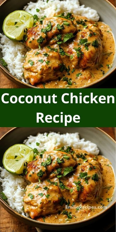 Craving chicken recipes? This Coconut Chicken recipe is perfect for dinner ideas. It’s one of the best chicken recipes healthy enough for the whole family, combining coconut with tender chicken breast. Coconut Marinated Chicken, California Chicken Recipe, Coconut Rice Chicken Recipe, Coconut Ginger Chicken, Coconut Chicken Crockpot Recipes, Curry Chicken Legs Recipes Coconut Milk, Chicken Breast Coconut Milk Recipes, Dinner Idea For Large Group, Coconut Milk Chicken Thighs