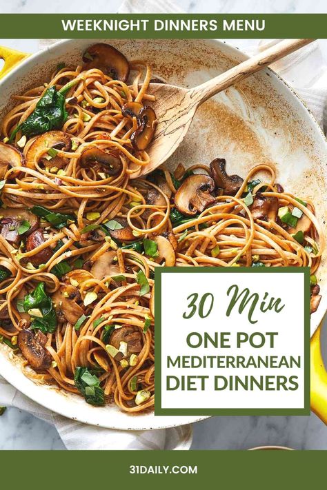 This 30 Minute One Pot Mediterranean Diet Dinners Meal Plan is a quick and easy, not to mention a delicious way to make meals this week. Most are made in one skillet, others in one pot, but all feature healthy winter-inspired Mediterranean ingredients! Aldi Mediterranean Meal Plan, Mediterranean One Pot Meals, Mediterranean Sunday Dinner, Mediterranean Diet Baking Recipes, Mediterranean Diet Recipes Meal Plan, Mediterranean Diet Recipes Instant Pot, Make Ahead Mediterranean Meals, Mediterranean Instant Pot Recipes, Mediterranean Diet Meal Plan Easy