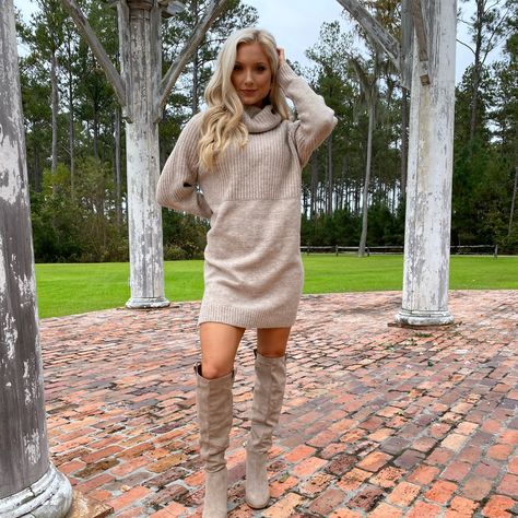 Cozy Turtleneck Sweater Dress! Goes Great With A Pair Of Long Boots. (Leftover Inventory From Closed Boutiqueall Brand New) Winter Church Outfits, Winter Dresses With Boots, Church Outfit Winter, Fall Sweater Dress, Boho Floral Maxi Dress, Carpet Ideas, Sweater Dress Oversized, Sweater Dress Outfit, Army Women