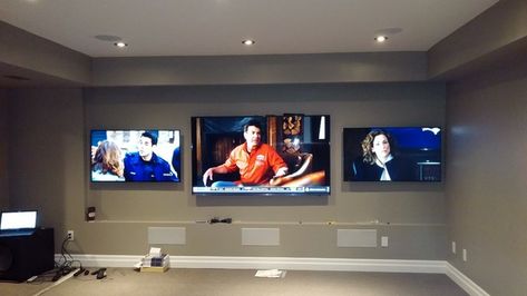 Man Cave / Whole home project - Transitional - Home Theater - Toronto - by CL Integration Inc. | Houzz Basement With Multiple Tvs, Three Tv Basement, Multiple Tv Wall Design, Multi Tv Setup, Multiple Tv Wall Ideas Man Cave Basement, Multi Tv Wall Man Cave, Tv Wall Man Cave, 3 Tv Wall Setup, Home Theater Tv Wall