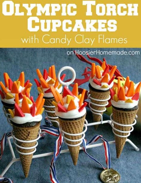 Torch Cupcakes, Backyard Olympics, Winter Olympics Activities, Family Olympics, Olympic Food, Olympic Theme Party, Olympic Games For Kids, Olympics Party, Olympic Idea