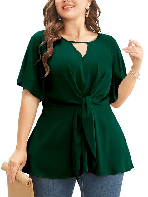 PRICES MAY VARY. Material: Made from high-quality fabric, 100% polyester. Plus size blouse for women is soft and comfortable, lightweight and breathable, sweat wicking, keep you cool in the hot summer Designed specifically for plus-size women. V neck with a keyhole detail adds a touch of feminine. The waist of this blouse is adjustable tie, works really well for big bust/small waist. The ruffled hem hiding your belly Easy to Match: Womens plus size peplum tops is easy to pair it with jeans, legg Plus Size Summer Blouses, Clothes For Short Women Body Types, Plus Size Fashion For Women Shein, Wantable Outfits Plus Size, Plus Size Big Stomach Outfit, Plus Size Apron Belly Outfits, Fashion For Big Belly Women, How To Dress An Apron Belly, Dresses For Big Belly Women