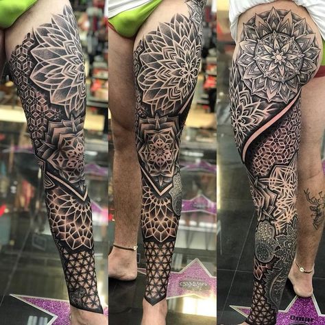 The attention to detail of this full leg geometric tattoo is incomparable! Love how the shapes and patterns come together to create this masterpiece. You can see how balance, stability, and symmetry were showcased in black and grey ink. Kudos to the artist and the patience of the customer. Leg Tattoos Geometric, Geometric Tattoo Leg Sleeve, Leg Tattoos Men, Mandala Tattoo Leg, Geometric Tattoo Leg, Tato Mandala, Half Sleeve Tattoos Sketches, Thigh Tattoo Men, Geometric Tattoo Sleeve Designs