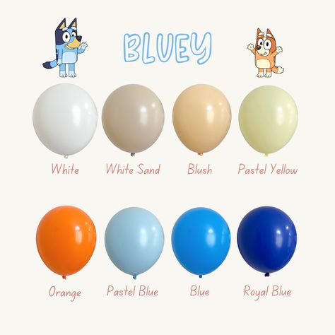 "\"Bluey balloon, Blue Balloons, Orange Balloons, Blue Dog Birthday\" Choose your own colors from this specially curated color palette to create a custom balloon piece! Select 1, 3, or ALL colors! We use professional grade balloons which are also 100% biodegradable and made from high quality latex. These balloons have a lower risk of popping during assembly and can last for over two weeks under the right conditions! So no more worrying about balloons deflating during your event! The 11\" and 17/18\" balloons may be filled with air or helium, but the 5\" balloons are intended only for air and will not float with helium. -10 balloons come in 1 pack of 5\" and 11\" Balloons -2 balloons come in 1 pack of 17/18\"  Balloons Tips: *A balloon pump is highly recommended *Under inflate the balloons Bluey Baby Shower Theme, Bluey Party Color Scheme, Bluey Party Balloons, Bluey Balloon Arch Boy, Bluey Birthday Party Balloons, Bluey Balloon Bouquets, Bluey Birthday 2, Bluey Birthday Balloons, Bluey Baby Shower Idea