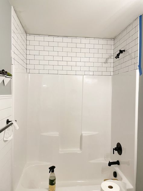 DIY MODERN FARMHOUSE BATHROOM WITH TILE WALL & DARK GROUT | A Classy Fashionista Diy Bathroom Tile Wall Tub Surround, Beige Tile Bathroom, Bathroom With Tile, Acreage Ideas, Diy Modern Farmhouse, Bathroom Tile Diy, Dark Grout, Tile Diy, Modern Farmhouse Diy