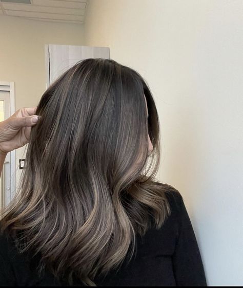 Ash Blonde Balayage On Black Hair Straight, Ash Brown Subtle Balayage, Ash Mocha Highlights, Brunette Balayage Neutral, Balayage Hair On Asian Black Hair, Ombre Hair Color Asian, Ash Blonde Hair For Brunettes, Going From Balayage To Brown, Ashy Mid Brown Hair