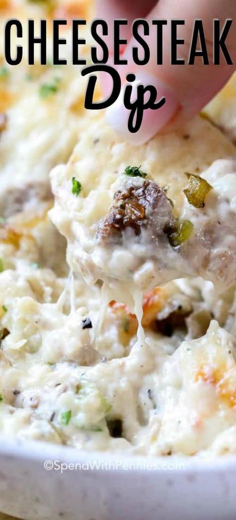 This Philly cheesesteak dip is perfect for game day. It's cheesy, and filled with beef and other delicious additions. We can't get enough of it! #spendwithpennies #cheeseteakdip #phillycheesesteakdip #dip #cheesedip #phillydip Philly Dip, Steak Dip, Philly Cheesesteak Dip, Donner Kebab, Cheesesteak Dip, Philly Cheese Steak Dip, Philly Cheesesteaks, Philly Cheesesteak, Pita Chips