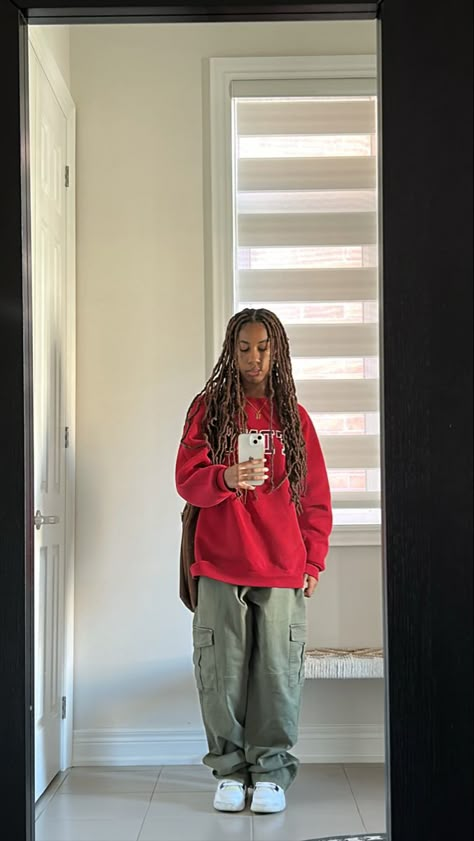 red sweatshirt + green cargos + metallic 4s Colour Combo Fits, Olive And Red Outfit, Green And Red Outfit Aesthetic, Green Cargo Fits, Green Hoodie Outfits, Metallic 4s, Brown Streetwear Outfit, Green And Red Outfit, Red Hoodie Outfit