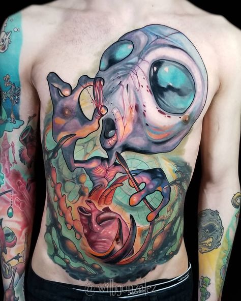 Tattoo artist Will Gonzalez, color new school tattoo by author's design | New York, USA Alien Tattoos, Tattoo Realism, New York Tattoo, Hat Art, Alien Tattoo, Art Magic, Geniale Tattoos, Chest Tattoo Men, Tattoo Artwork