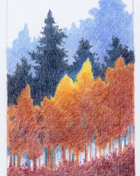 Марья | fall #fabercastell #pencildrawing | Instagram Colored Pencil Fall Drawing, Pencil Crayon Landscape, Fall Colored Pencil Drawings, Colour Pencil Art Landscapes, Colored Pencil Art Projects, Shading Drawing, Fall Drawings, Color Pencil Illustration, Pastel Crayons