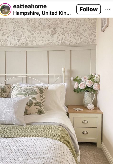 Laura Ashley Bedroom Ideas, Cotswold Cottage Interior Bedroom, Half Shiplap Wall Bedroom, Half Panelled Walls Bedroom, Cottage Interiors Bedroom, Mc Bedroom, Bedroom Accent Wall Ideas, Bedroom Accent Wall, Accent Wall Ideas