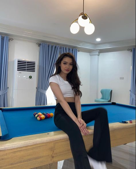 Krystal Brimner, Pool Table Photoshoot, Debut Photoshoot, Pool Outfits, Best Poses For Photography, Photography Posing Guide, Sitting Poses, Flared Leggings, Posing Guide