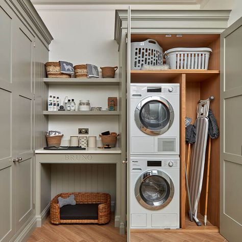 Walk In Larder Cupboard, Pantry Storage Room Ideas, Hoover Storage Cupboard, Walk In Larder Utility Room, Utility Room Hoover Storage, Utility Larder Cupboard, Tom Howley Kitchen Islands, Kitchen Pantry Utility Layout, Utility Room Storage Cupboards