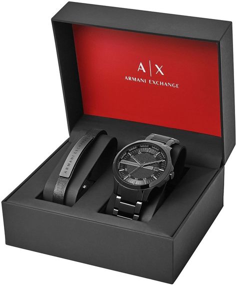 Armani Exchange Dress Watch Bracelet Gift Set Box For Watches, Expensive Men Gifts, Men's Birthday Gift, Luxury Gifts For Him, Anniversary Gift Ideas For Him, Men Gift Ideas, Black Leather Cuff Bracelet, Gift Set For Men, Mens Bracelet Black