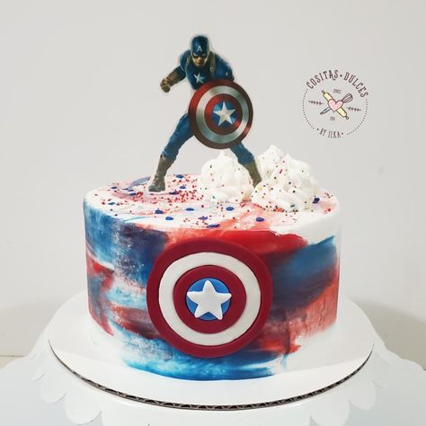 Captain America Cake Design, America Birthday Cake, Superhero Birthday Party Food, Captain America Birthday Cake, Captain America Birthday Party, Captain America Cake, America Cake, Captain America Birthday, Marvel Cake