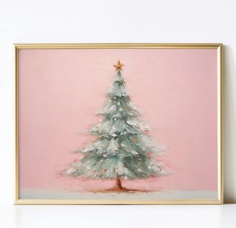 Printable Christmas Wall Art, Vintage Green Christmas Tree on Pink Background, Fun Pink Christmas Decor, DIY Holiday Art, Instant Download by StyleMePrettyWalls on Etsy Colorful Christmas Wall Decor, Free Pink Christmas Printables, Red Pink Green Christmas, Pink Christmas Decorations Bedroom, Pink Christmas Painting, Pink Christmas Pictures, Pink Christmas Aesthetic Vintage, Pink Christmas Tree Aesthetic, Pink And Green Christmas Decor