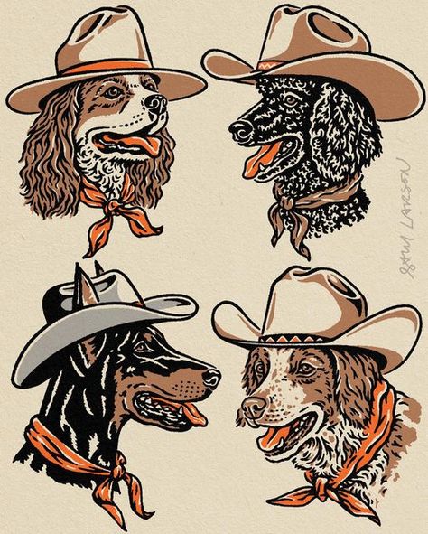 Sam Larson on Instagram: "4 MORE COWDOGS. Been working on a bunch of new cowdogs lately. Here is the first 4 from this year. More in the works. Swipe for close ups. Thanks for checking out my art! #illustration #brittany #poodle #spaniel #doberman" Dog With Cowboy Hat Tattoo, Brittany Spaniel Tattoo, Cowboy Dog Tattoo, Western Sketches, Vintage Doberman, Western Illustration, Cowboy Illustration, Doberman Art, Sam Larson