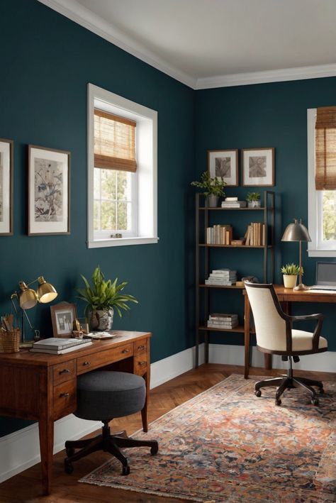 home office design, office decor, workspace decoration, office interior design Green Room Colors, Productive Home Office, Office Wall Colors, Blue Home Offices, Best Wall Paint, Wall Paint Color, Modern Paint Colors, Office Paint Colors, Bright Room