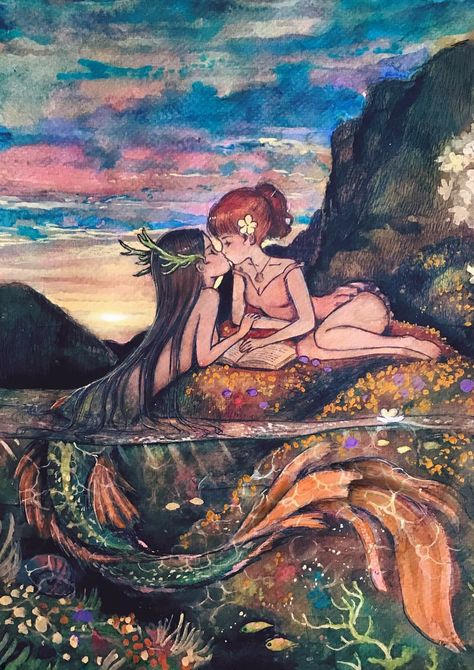 Fantasy Sea, Mermaids Kissing, Art Vibe, Love Watercolor, Mermaid Magic, Watercolor Mermaid, Rennaissance Art, Mermaid Drawings, Lesbian Art