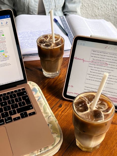 Aesthetic Cafe Studying, Coffee Studying Aesthetic, Cafe Writing Aesthetic, Study In A Cafe Aesthetic, Iced Coffee Studying Aesthetic, Study With Coffee Aesthetic, Work In Coffee Shop, Working At Coffee Shop Aesthetic, Work In Cafe Aesthetic