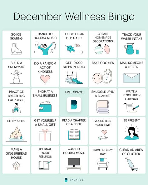 Holiday Wellness Bingo | The Balance App December Health Challenge, Journal Bingo, Wellness Bingo, Holiday Mental Health, Self Care Bingo, December Goals, Holiday Self Care, Goals 2024, Wellness Ideas