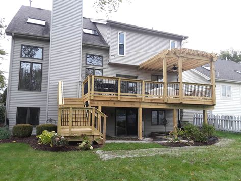 2nd Story Covered Deck Ideas, Deck Overlooking Pool, Second Story Deck Design, Deck With Pergola Attached To House, Second Floor Deck Ideas, 2nd Story Deck, Deck Extension, Deck And Pergola, Wood Deck Designs