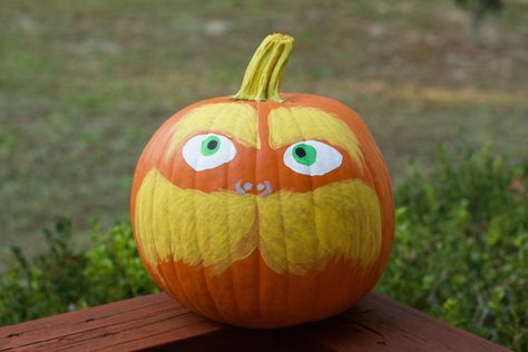 #lorax #drseuss Lorax Pumpkin Painting, The Lorax Pumpkin, Lorax Pumpkin, Pumkin Paintings Idea Cute, Pumpkin Blaze, Pumpkins Painting, Book Character Pumpkins, Funny Pumpkin Carvings, Fall Pumpkins Painting