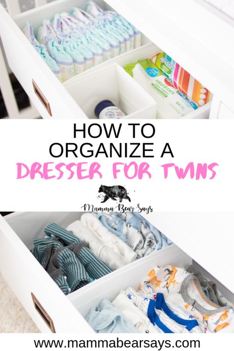 Organizing a dresser for twins took some extra planning and creativity. Check out my tips to organize a dresser for twins. #twinprengnay #twinmom #twins #twinboys #nursery #nurseryfurniture #babyboys #nesting #organization #babies Twin Baby Nursery Ideas, Nesting Organization, Twin Nursery Decor, Nursery Dresser Organization, Nursery Hacks, Twins Nursery, Twin Baby Clothes, Twin Nursery, Mamma Bear