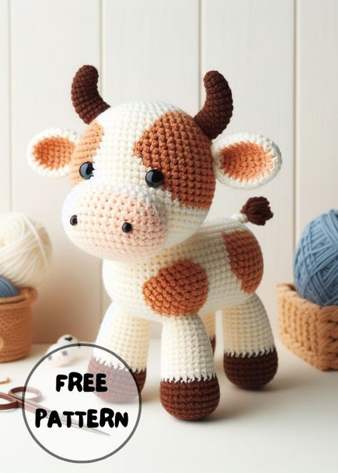 Free Crochet Calf Amigurumi Pattern Amamani Crochet Free Pattern, Crochet Cow With Witch Hat, Crochet Patterns Highland Cow, Crochet Bull Amigurumi Free Pattern, Crochet Hiland Cow, Cow Pattern Crochet Free, Crochet Cows Cute, Free Crochet Patterns Cows, Crocheted Highland Cow Free Pattern