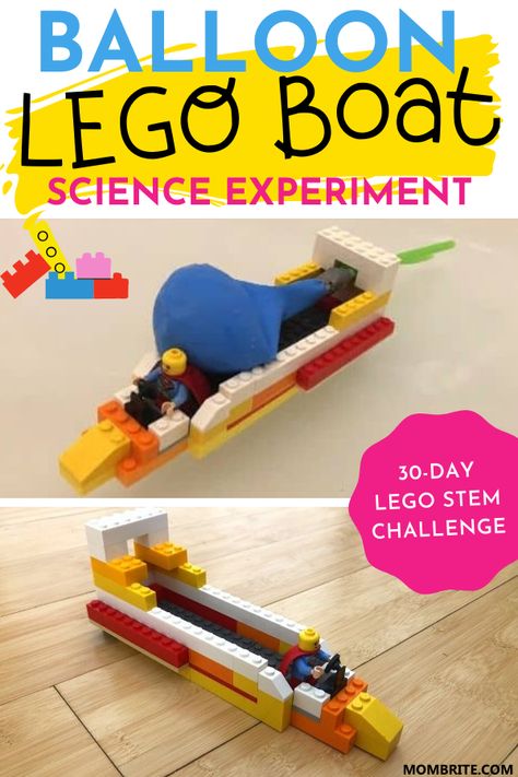 As part of the 30-day LEGO STEM challenge for your kids, this super fun yet educational Balloon LEGO boat science experiment will have your kids occupied at least half a day! Check out this fun LEGO activity and get playing with your kids now.  #LEGOSTEMChallenge #FunLEGOActivities #LEGOScienceExperimentsForKids Lego Stem Challenge, Lego Stem, Lego Balloons, Lego Boats, Homeschooling Activities, Lego Boat, Stem Activities Preschool, School Age Activities, Boat Crafts