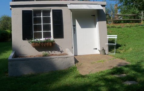 One Day At A Time: Making Over the Garden Shed Cinder Block Shed, Cinder Block Shed Building, Adding Windows To Shed, Cinder Block Shed Foundation, She Shed Made From Old Windows, Concrete Sheds, Block Plan, Shed Makeover, My Sister In Law