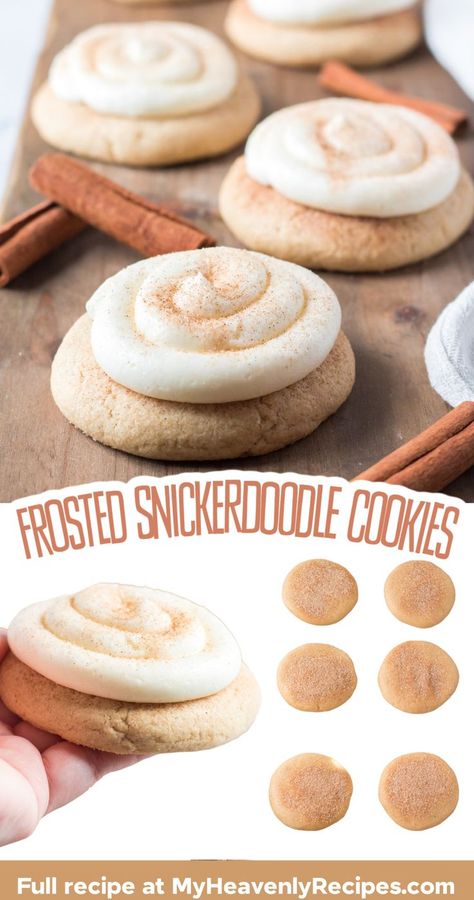 snickerdoodle cookies Snickerdoodle Cookies With Frosting, Iced Snickerdoodle Cookies, Snickerdoodle Cookies With Icing, Snickerdoodle Frosting Recipe, Crumbl Snicker Doodle Cookies, Frosted Snickerdoodle Cookies, Snickerdoodle Cookies Crumbl, Snickerdoodle Cut Out Cookies, Fireball Snickerdoodle Cookies