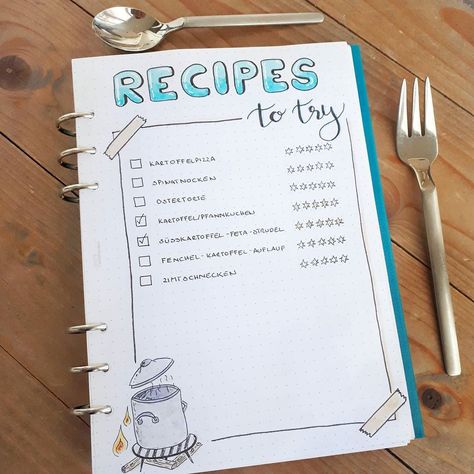 I made this page to collect and remember (!) new recipes I want to try  . .  #recipes #bujocolletion #bulletjournal #bujo #filofax #journaling #bujojunkie #bujoinspo #bujocommunity #planner #bujolove #bulletjournalgermany Notesbog Design, New Bullet Journal, Bullet Journal Page, Bullet Journal Ideas, Bullet Journal Mood, Bullet Journal Aesthetic, Bullet Journal Notebook, Dot Journals, Bullet Journal Themes