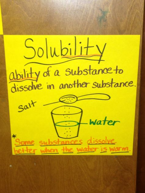 Solubility Anchor Chart Solubility Anchor Chart, Classroom Structure, Intermediate Classroom, Science Homeschool, Science Anchor Charts, Physics Concepts, Science Boards, Chemistry Jokes, Matter Science