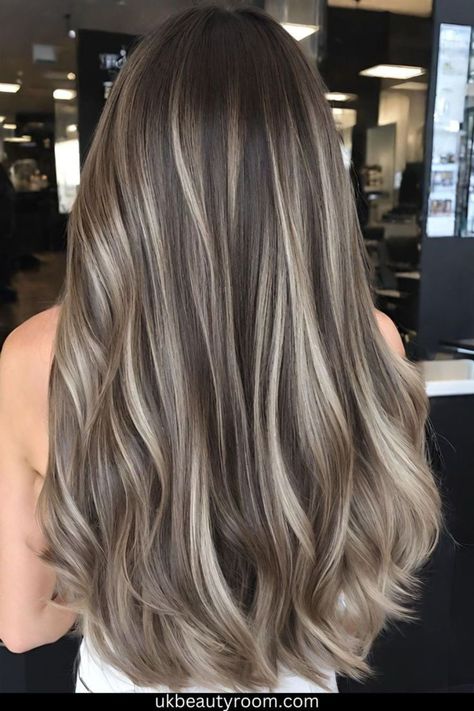 Highlights Brown Hair Grey, Balayage Hair Ash Brown Blonde, Hair Color Gray Highlights, Ash Brown Balayage With Highlights, Ash Hair Color Highlights, Brunette Highlights On Blonde Hair, Cool Brown Highlights On Brown Hair, Dark Ash Hair Color Brown, Light Brown Hair With Blonde Babylights