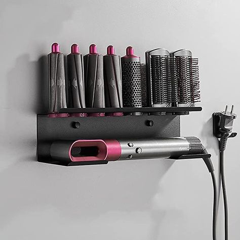 Dyson Storage Ideas Hair, Airwrap Storage Ideas, Dyson Bathroom Storage, Dyson Air Wrap Holder, Dyson Airwrap Organizer, Dyson Wall Mount Ideas, Dyson Air Wrap Organization, Dyson Airwrap Storage Ideas, Dyson Organizer