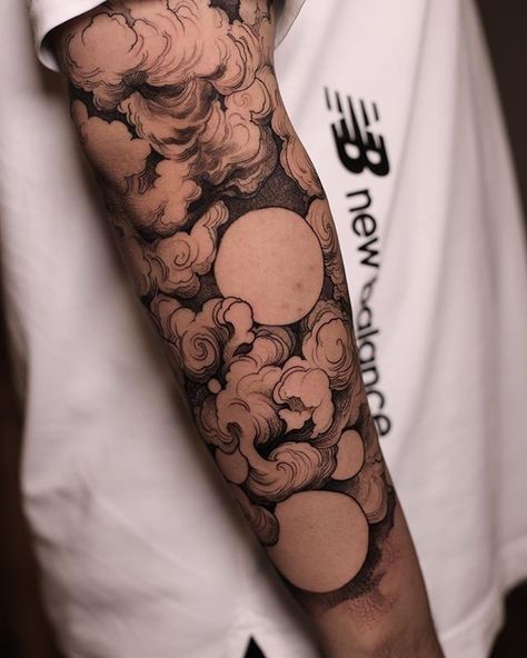 Japanese Tattoo Art Clouds, Tattoo Design For Cover Up For Men, Boxed Tattoo Ideas, Half Sleeve Nature Tattoo For Men, Cloud Arm Tattoo Half Sleeves, Unique Sleeves Design Tattoo, Surreal Tattoo Men, Asian Clouds Tattoo, Large Tattoos Men