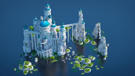 Water Kingdom Minecraft, Minecraft Castle On Water, Minecraft Floating Island Castle, Minecraft Sea Kingdom, Sea Castle Minecraft, Drained Ocean Monument Minecraft, Mermaid Castle Minecraft, Minecraft Aquatic Build, Ice Biome House Minecraft