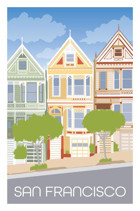 San Francisco California Travel Poster San Francisco Painted Ladies, San Francisco Illustration, California Illustration, Painted Ladies San Francisco, San Francisco Design, California Poster, San Francisco Art, House Sketch, Pastel Colour Palette