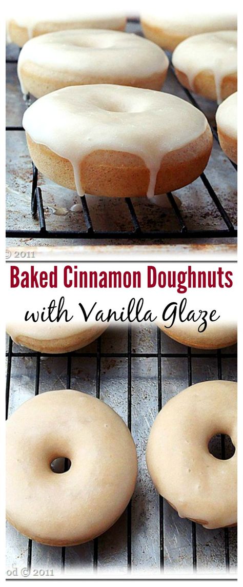 Baked Cinnamon Doughnuts with Vanilla Glaze – Spiced with a bit of cinnamon and topped with a sweet vanilla glaze, these doughnuts are the best I have ever made! Fun Donuts Designs, Baked Vanilla Donut Recipes, Baked Yeast Donuts With Donut Pan, Chocolate Icing For Donuts Recipe, Baked Donuts With Donut Pan, Donut Fillings, Savory Donuts, Baked Doughnut Recipes, Doughnut Recipes