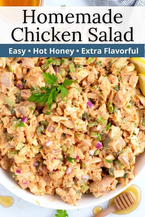 This Hot Honey Chicken Salad Recipe is a super easy, protein-packed meal that’s a spicy-sweet twist on the classic. Just grab a rotisserie chicken and mix it up with spice, honey, Greek yogurt, red onion, and celery for some crunch that’s totally delicious. It's perfect for a quick & easy meal, lunchtime meal prep, or picnics. Easy Hot Honey Chicken, Honey Chicken Salad, Spicy Chicken Salad, Sweet Spicy Chicken, No Heat Lunch, Hot Honey Recipe, Hot Honey Chicken, Homemade Chicken Salads, Quick Family Dinners